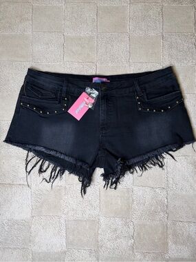 Edikted Studded Low Rise Denim Micro Shorts XL Black BNWT